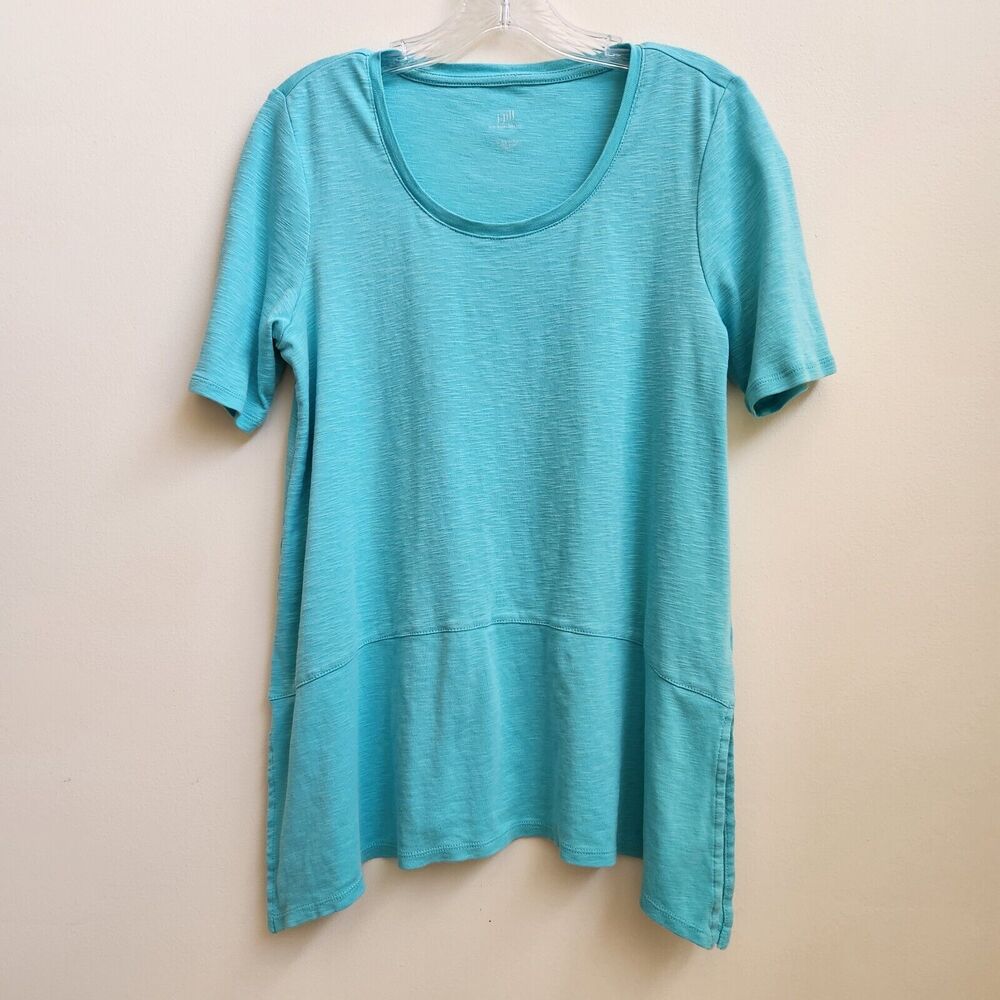 J Jill Tunic Women MediumP Blue Pima Dipped Hem Tunic Side Slit Lagenlook Cotton